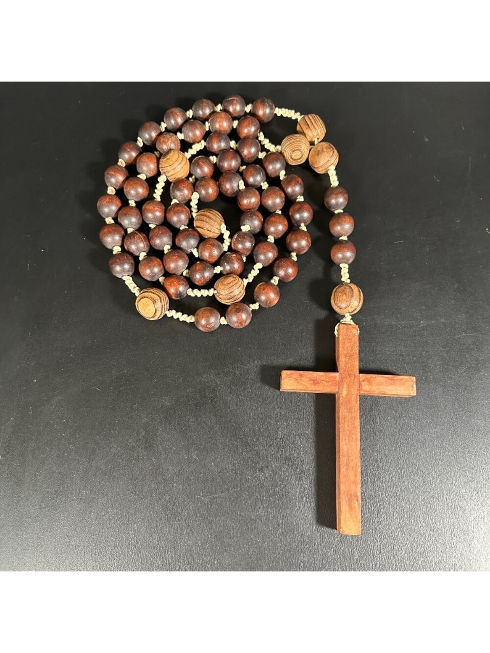 Vintage Large Carved Wooden WALL ROSARY BEADS Prayer Beads Cross Crucifix 44 In